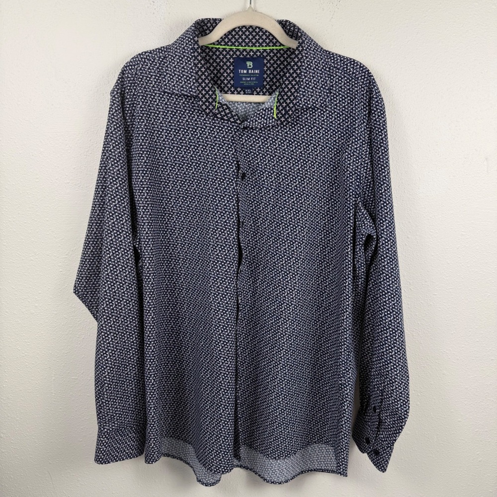 Tom Baine Mens XXL Slim Performance Shirt Navy‎ Geometric Stretch Wrinkle Free